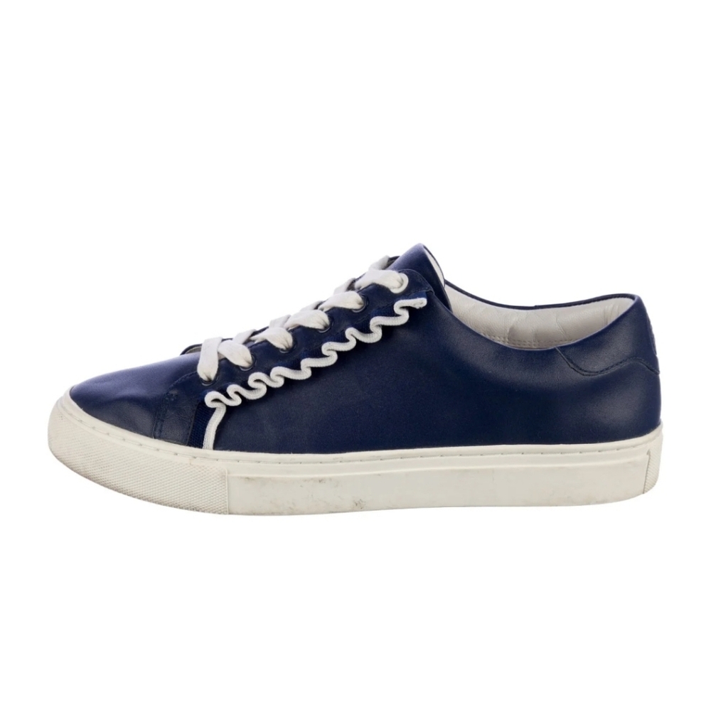 Tory Burch $228 Leather Ruffle Front Sneakers Size 8 Navy Blue White